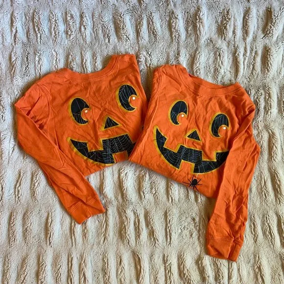 Carter's Kid Halloween Matching Pumpkin Face Long Sleeve T-shirts - Picture 1 of 7